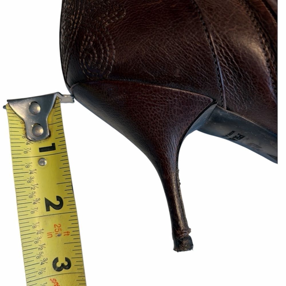Prada Brown Leather Embroidered Pointed Toe Kitten Heel Bootie Italy EU 38.5 Y2K - Picture 6 of 6